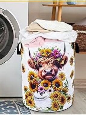Highland Cow Face Floral Laundry Basket White Background